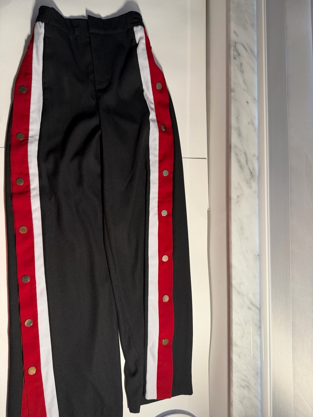 Women’s Black Wide-Leg Track Pants Red & White Snap Side Stripes - Picture 2 of 7